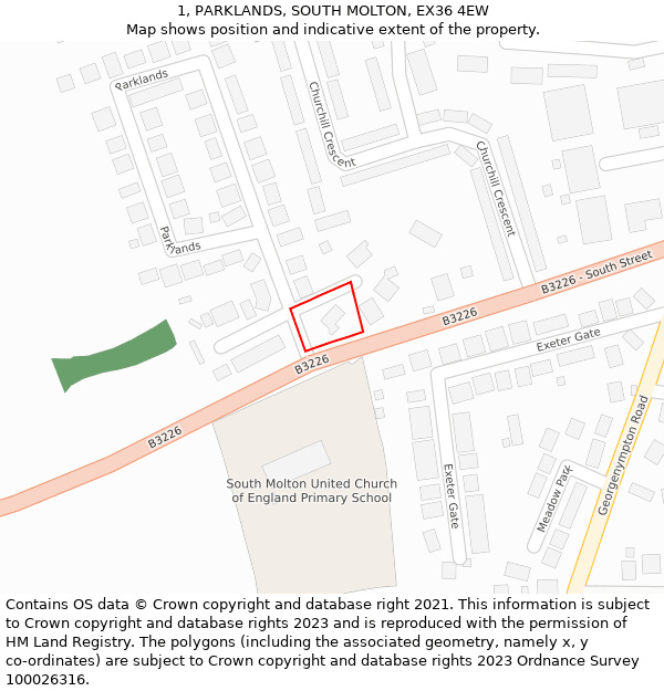 1, PARKLANDS, SOUTH MOLTON, EX36 4EW: Location map and indicative extent of plot