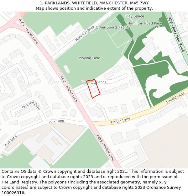 1, PARKLANDS, WHITEFIELD, MANCHESTER, M45 7WY: Location map and indicative extent of plot