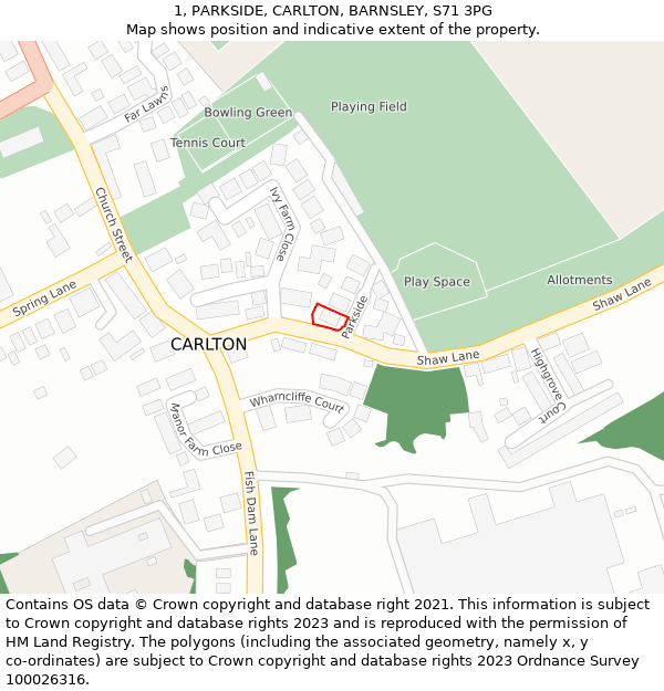 1, PARKSIDE, CARLTON, BARNSLEY, S71 3PG: Location map and indicative extent of plot