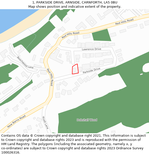 1, PARKSIDE DRIVE, ARNSIDE, CARNFORTH, LA5 0BU: Location map and indicative extent of plot