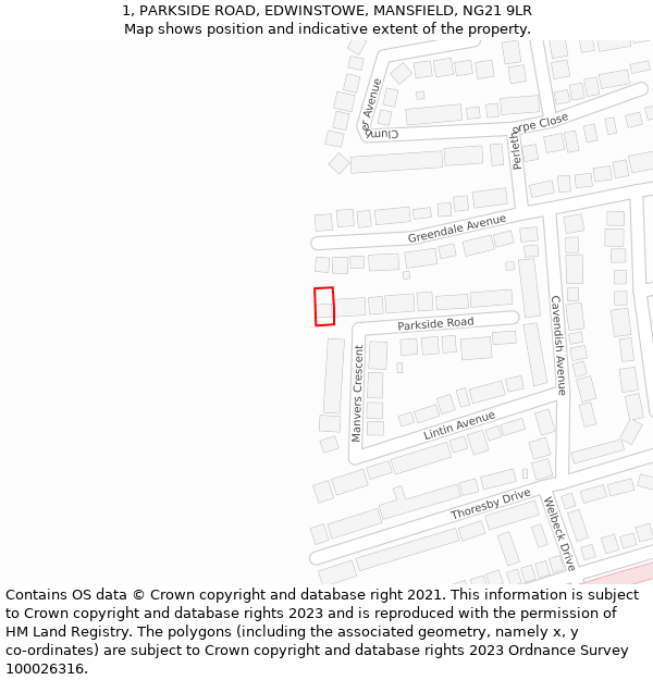1, PARKSIDE ROAD, EDWINSTOWE, MANSFIELD, NG21 9LR: Location map and indicative extent of plot