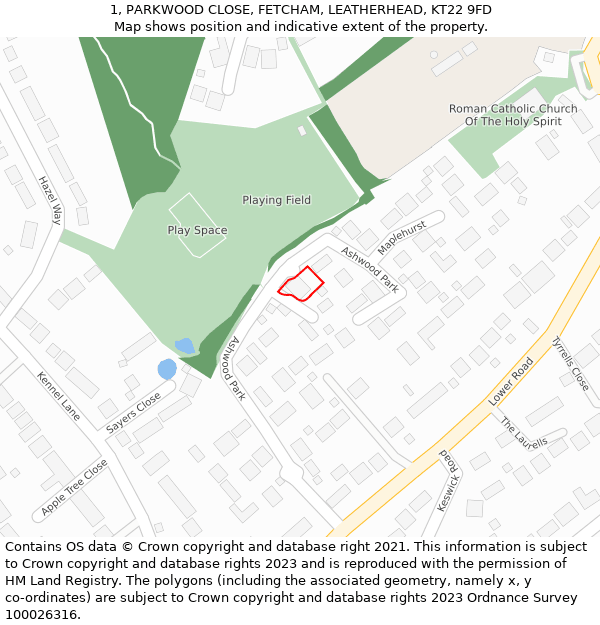 1, PARKWOOD CLOSE, FETCHAM, LEATHERHEAD, KT22 9FD: Location map and indicative extent of plot