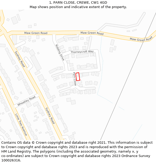 1, PARN CLOSE, CREWE, CW1 4GD: Location map and indicative extent of plot