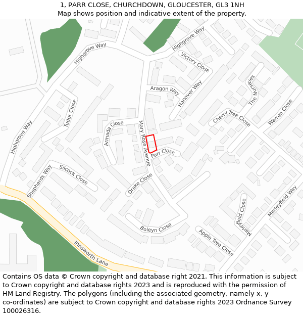 1, PARR CLOSE, CHURCHDOWN, GLOUCESTER, GL3 1NH: Location map and indicative extent of plot