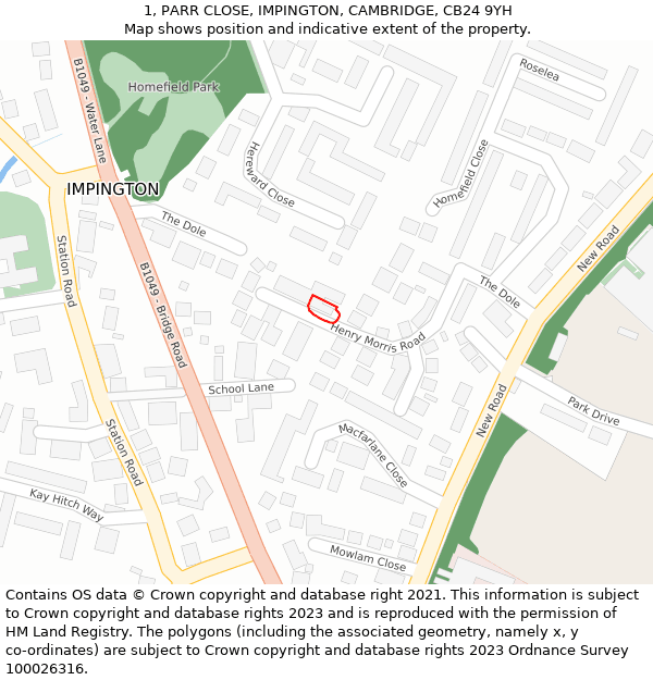 1, PARR CLOSE, IMPINGTON, CAMBRIDGE, CB24 9YH: Location map and indicative extent of plot