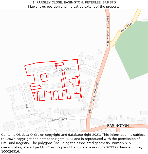 1, PARSLEY CLOSE, EASINGTON, PETERLEE, SR8 3FD: Location map and indicative extent of plot