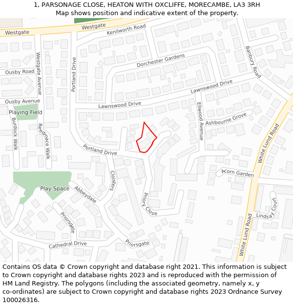 1, PARSONAGE CLOSE, HEATON WITH OXCLIFFE, MORECAMBE, LA3 3RH: Location map and indicative extent of plot