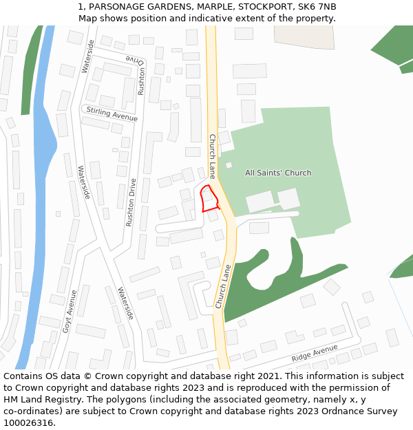 1, PARSONAGE GARDENS, MARPLE, STOCKPORT, SK6 7NB: Location map and indicative extent of plot