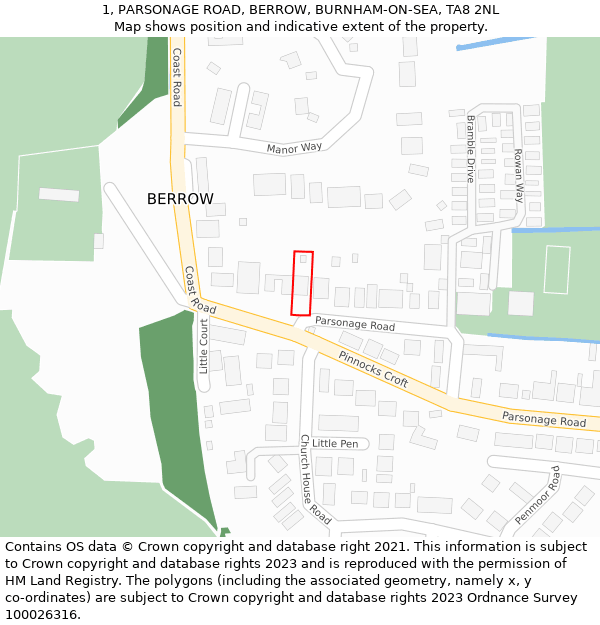 1, PARSONAGE ROAD, BERROW, BURNHAM-ON-SEA, TA8 2NL: Location map and indicative extent of plot