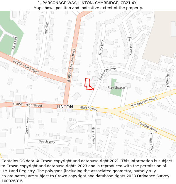 1, PARSONAGE WAY, LINTON, CAMBRIDGE, CB21 4YL: Location map and indicative extent of plot