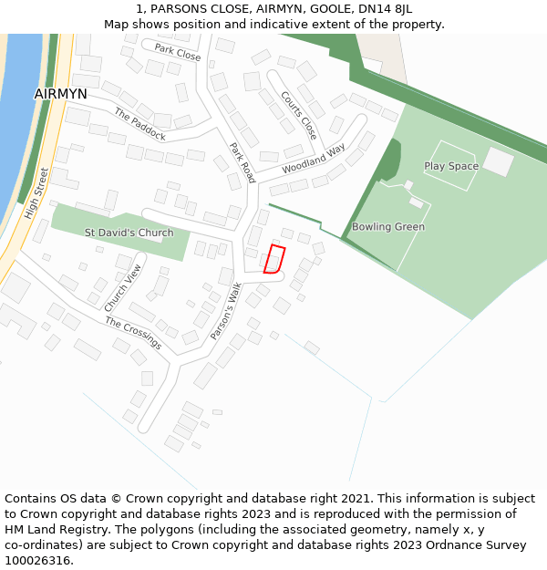 1, PARSONS CLOSE, AIRMYN, GOOLE, DN14 8JL: Location map and indicative extent of plot