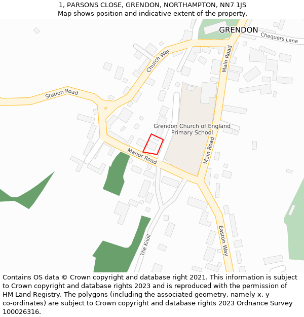 1, PARSONS CLOSE, GRENDON, NORTHAMPTON, NN7 1JS: Location map and indicative extent of plot