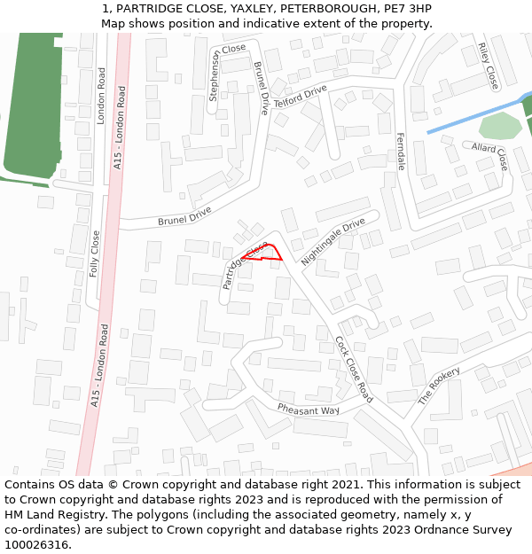 1, PARTRIDGE CLOSE, YAXLEY, PETERBOROUGH, PE7 3HP: Location map and indicative extent of plot