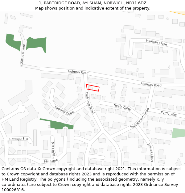 1, PARTRIDGE ROAD, AYLSHAM, NORWICH, NR11 6DZ: Location map and indicative extent of plot