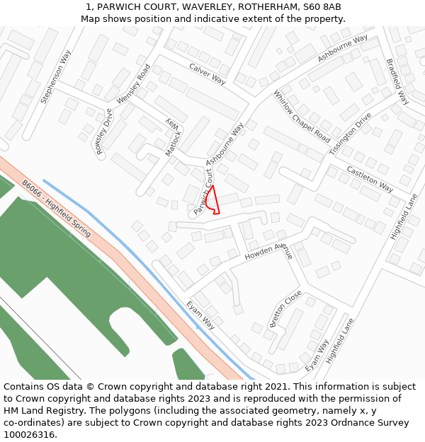 1, PARWICH COURT, WAVERLEY, ROTHERHAM, S60 8AB: Location map and indicative extent of plot