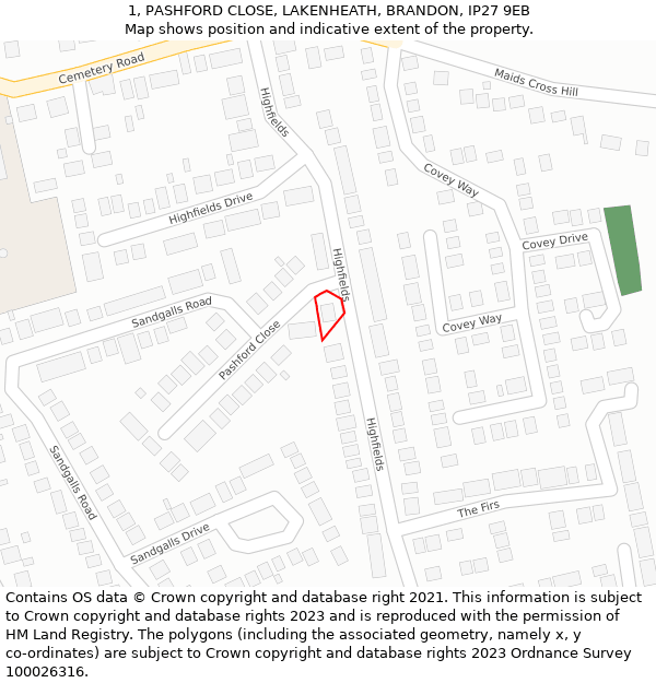 1, PASHFORD CLOSE, LAKENHEATH, BRANDON, IP27 9EB: Location map and indicative extent of plot
