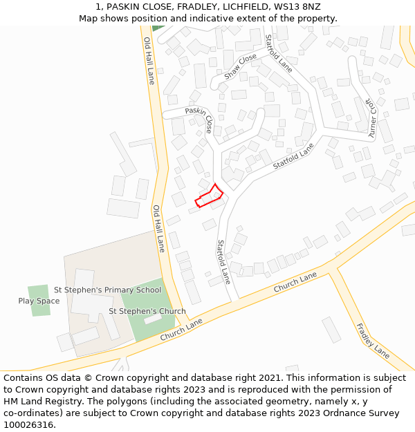 1, PASKIN CLOSE, FRADLEY, LICHFIELD, WS13 8NZ: Location map and indicative extent of plot