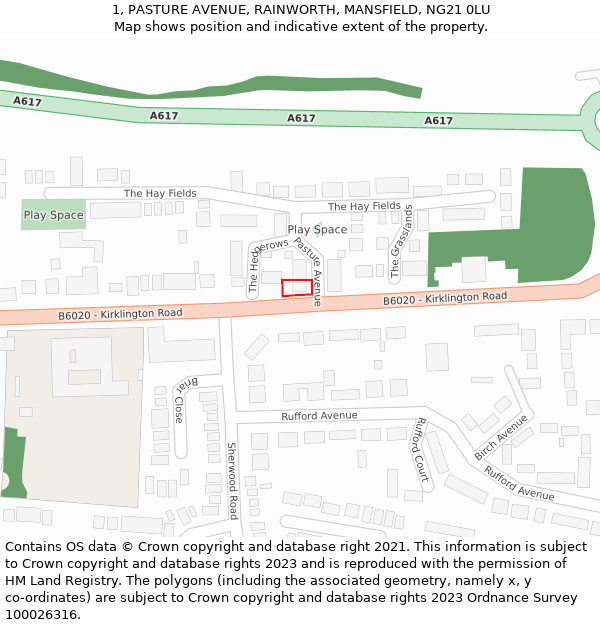 1, PASTURE AVENUE, RAINWORTH, MANSFIELD, NG21 0LU: Location map and indicative extent of plot