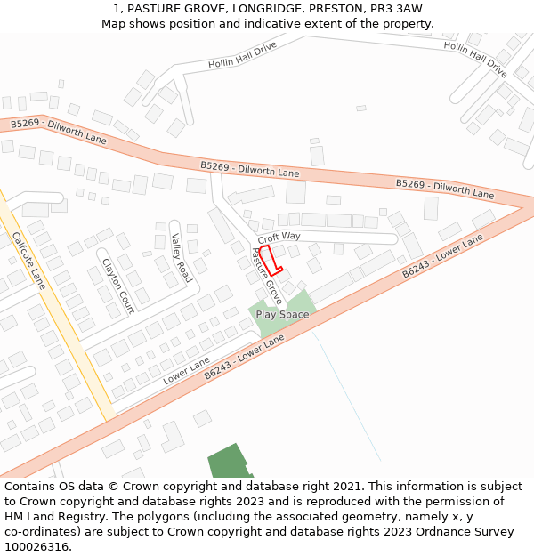 1, PASTURE GROVE, LONGRIDGE, PRESTON, PR3 3AW: Location map and indicative extent of plot
