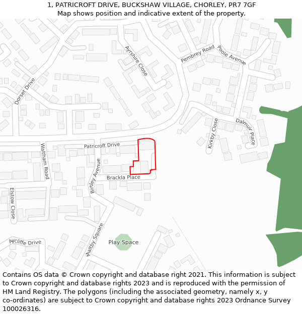 1, PATRICROFT DRIVE, BUCKSHAW VILLAGE, CHORLEY, PR7 7GF: Location map and indicative extent of plot