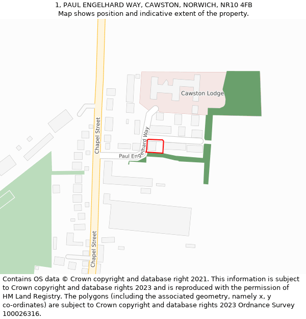 1, PAUL ENGELHARD WAY, CAWSTON, NORWICH, NR10 4FB: Location map and indicative extent of plot