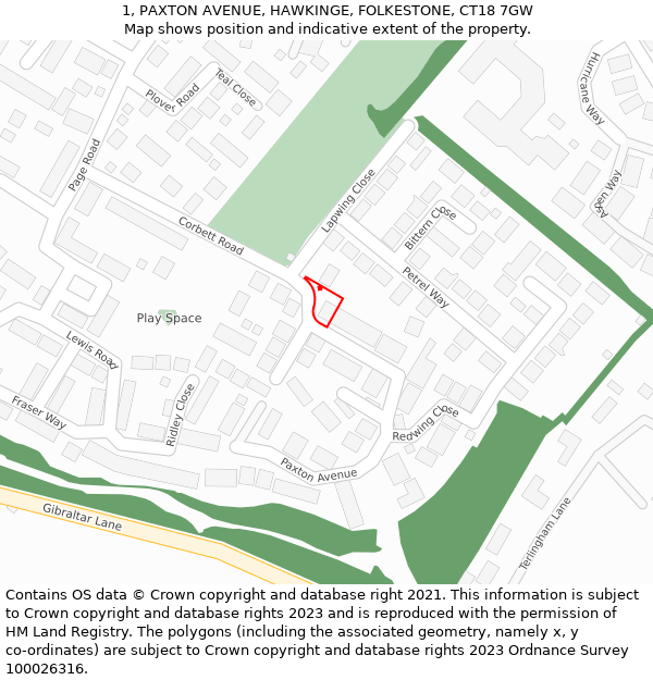 1, PAXTON AVENUE, HAWKINGE, FOLKESTONE, CT18 7GW: Location map and indicative extent of plot