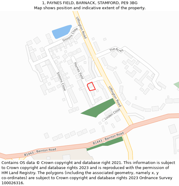 1, PAYNES FIELD, BARNACK, STAMFORD, PE9 3BG: Location map and indicative extent of plot