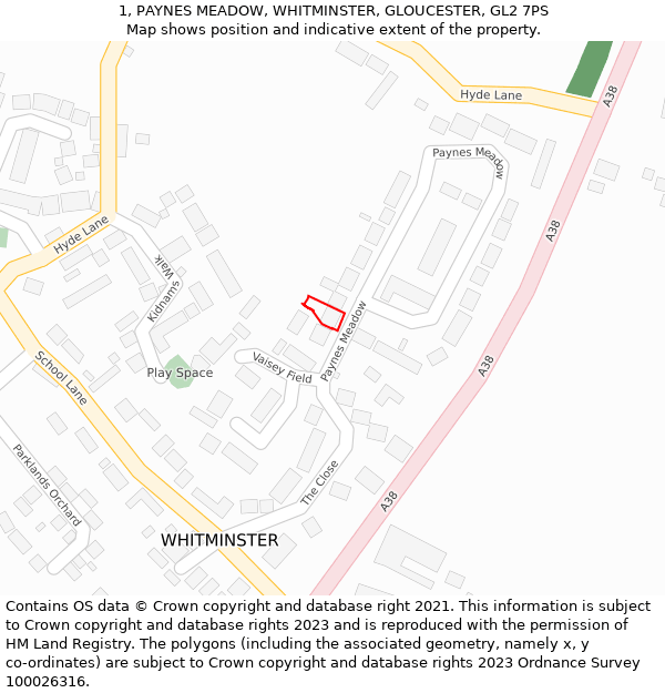 1, PAYNES MEADOW, WHITMINSTER, GLOUCESTER, GL2 7PS: Location map and indicative extent of plot