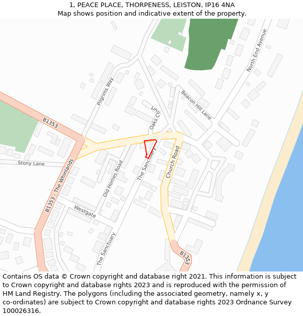 1, PEACE PLACE, THORPENESS, LEISTON, IP16 4NA: Location map and indicative extent of plot