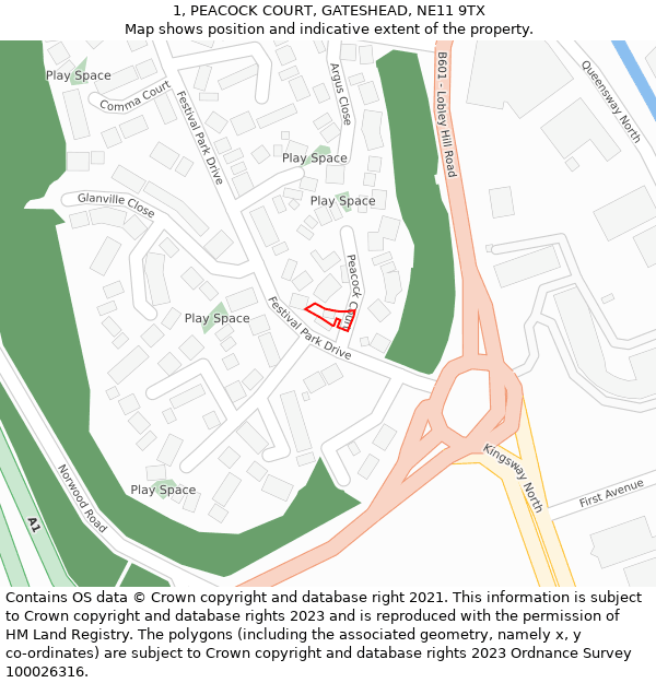 1, PEACOCK COURT, GATESHEAD, NE11 9TX: Location map and indicative extent of plot