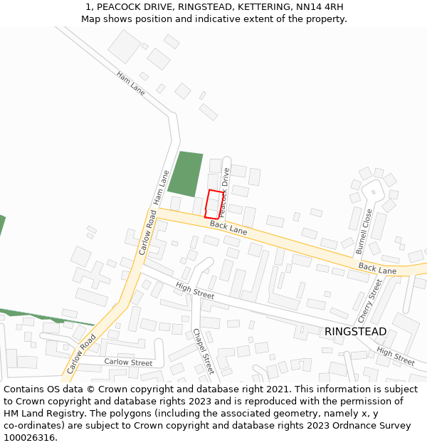 1, PEACOCK DRIVE, RINGSTEAD, KETTERING, NN14 4RH: Location map and indicative extent of plot