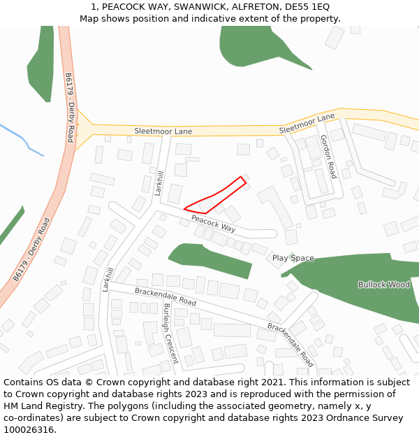 1, PEACOCK WAY, SWANWICK, ALFRETON, DE55 1EQ: Location map and indicative extent of plot