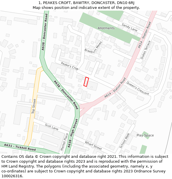 1, PEAKES CROFT, BAWTRY, DONCASTER, DN10 6RJ: Location map and indicative extent of plot