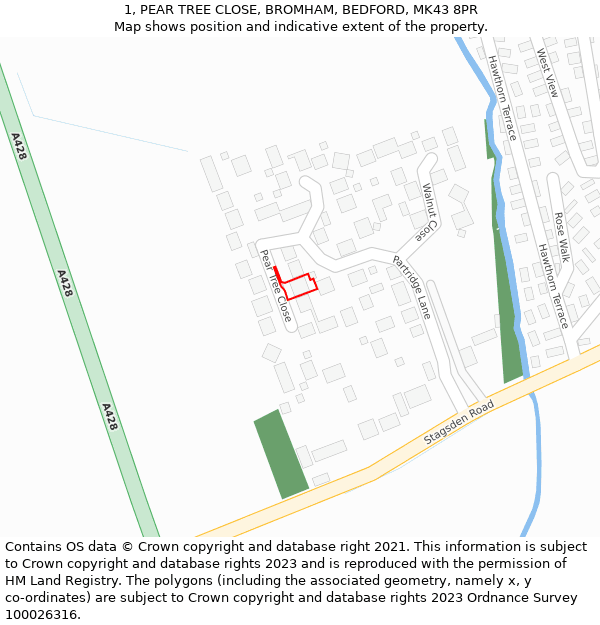 1, PEAR TREE CLOSE, BROMHAM, BEDFORD, MK43 8PR: Location map and indicative extent of plot