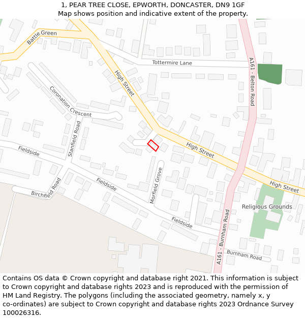 1, PEAR TREE CLOSE, EPWORTH, DONCASTER, DN9 1GF: Location map and indicative extent of plot