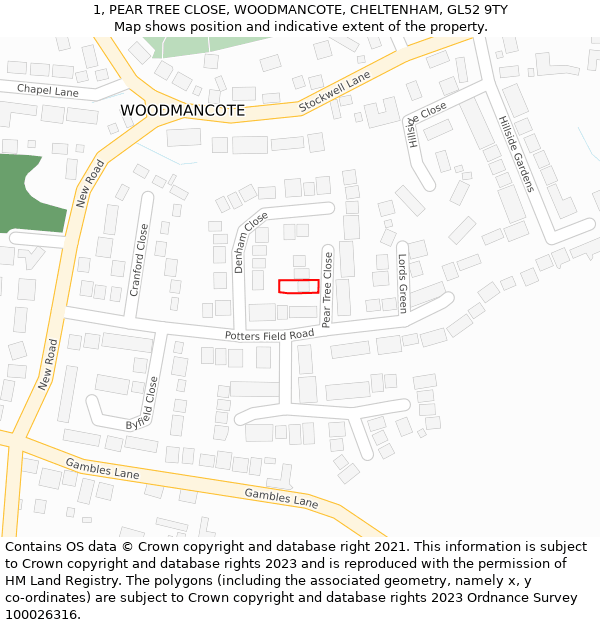 1, PEAR TREE CLOSE, WOODMANCOTE, CHELTENHAM, GL52 9TY: Location map and indicative extent of plot