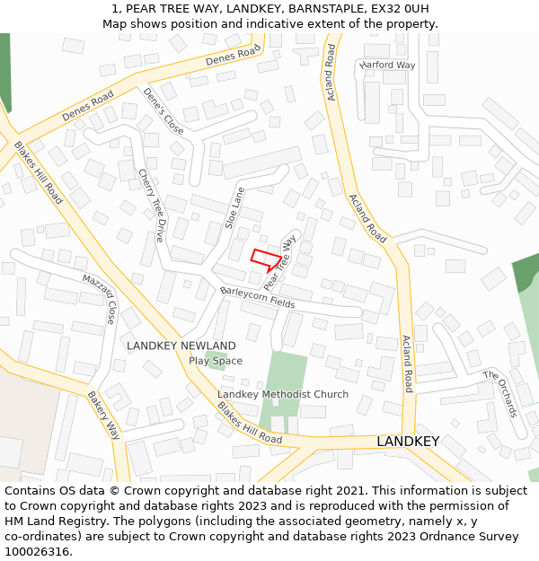 1, PEAR TREE WAY, LANDKEY, BARNSTAPLE, EX32 0UH: Location map and indicative extent of plot