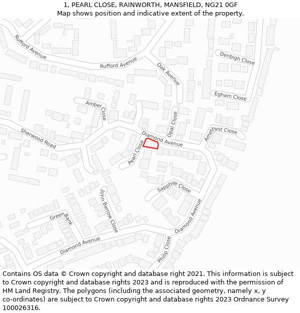 1, PEARL CLOSE, RAINWORTH, MANSFIELD, NG21 0GF: Location map and indicative extent of plot