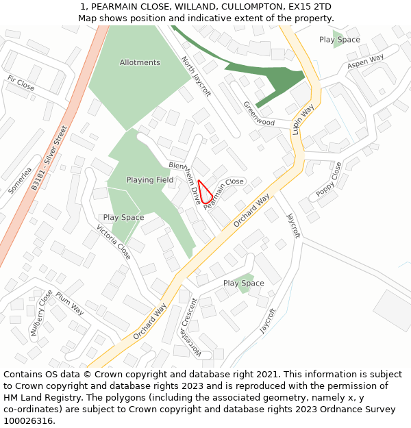 1, PEARMAIN CLOSE, WILLAND, CULLOMPTON, EX15 2TD: Location map and indicative extent of plot