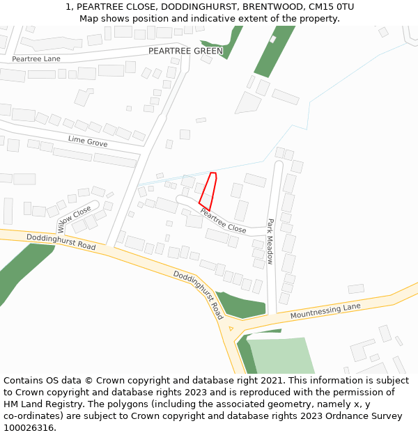 1, PEARTREE CLOSE, DODDINGHURST, BRENTWOOD, CM15 0TU: Location map and indicative extent of plot