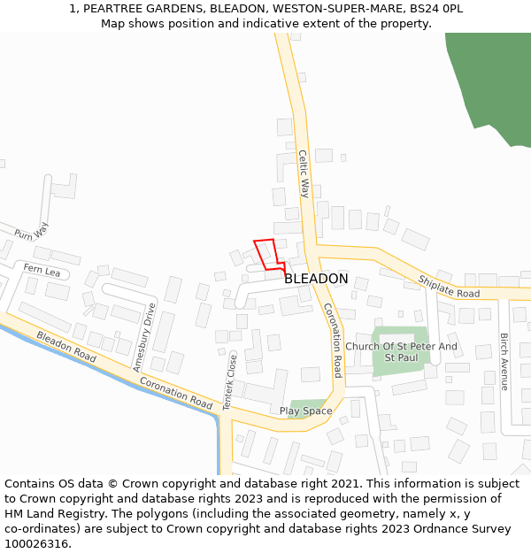 1, PEARTREE GARDENS, BLEADON, WESTON-SUPER-MARE, BS24 0PL: Location map and indicative extent of plot