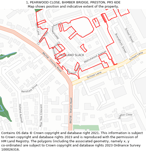 1, PEARWOOD CLOSE, BAMBER BRIDGE, PRESTON, PR5 6DE: Location map and indicative extent of plot