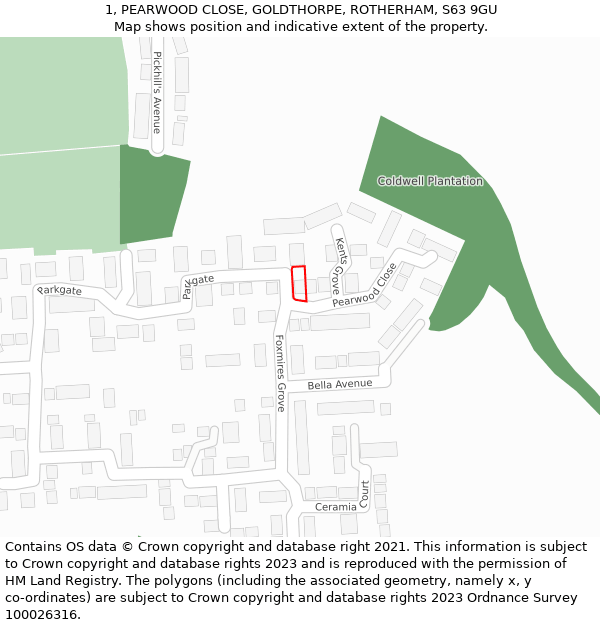 1, PEARWOOD CLOSE, GOLDTHORPE, ROTHERHAM, S63 9GU: Location map and indicative extent of plot