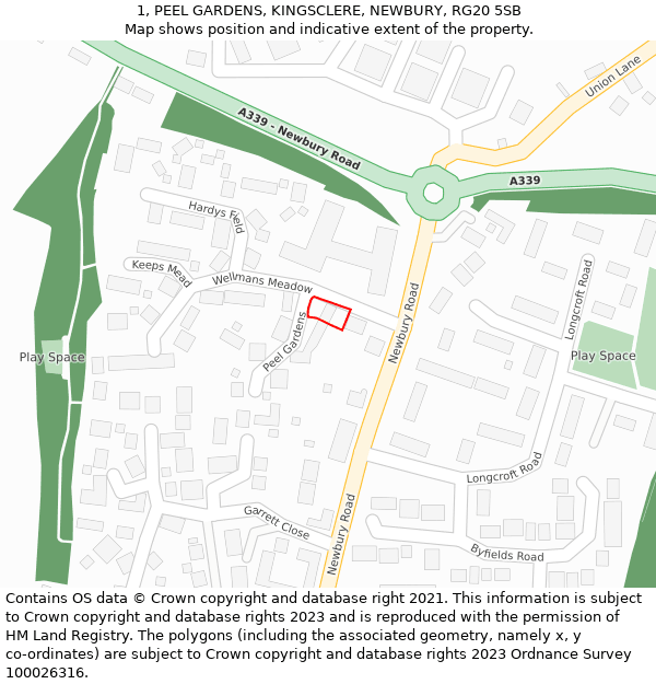 1, PEEL GARDENS, KINGSCLERE, NEWBURY, RG20 5SB: Location map and indicative extent of plot