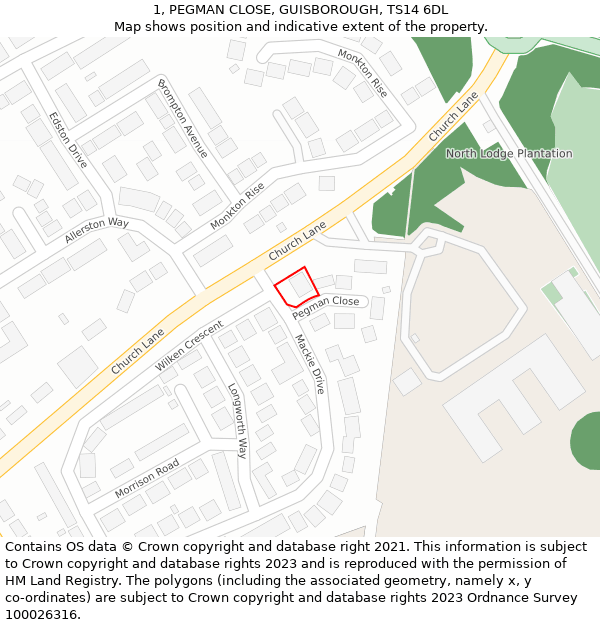 1, PEGMAN CLOSE, GUISBOROUGH, TS14 6DL: Location map and indicative extent of plot