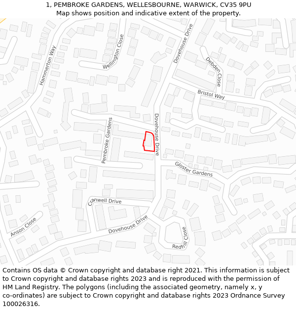 1, PEMBROKE GARDENS, WELLESBOURNE, WARWICK, CV35 9PU: Location map and indicative extent of plot