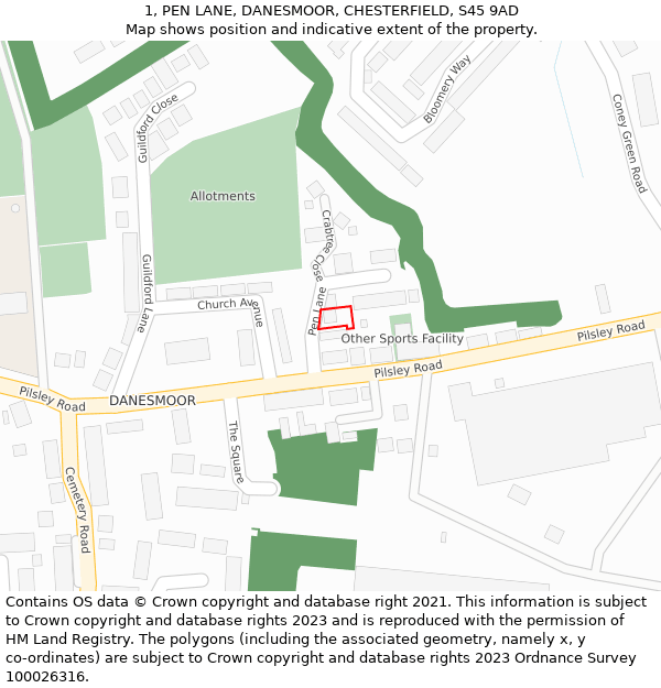 1, PEN LANE, DANESMOOR, CHESTERFIELD, S45 9AD: Location map and indicative extent of plot