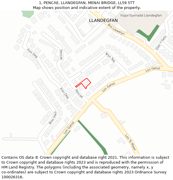 1, PENCAE, LLANDEGFAN, MENAI BRIDGE, LL59 5TT: Location map and indicative extent of plot