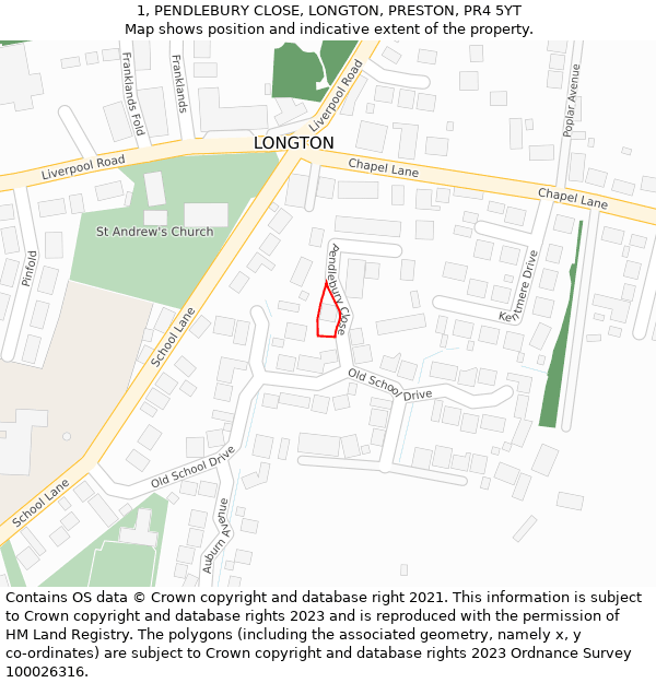 1, PENDLEBURY CLOSE, LONGTON, PRESTON, PR4 5YT: Location map and indicative extent of plot