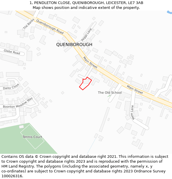 1, PENDLETON CLOSE, QUENIBOROUGH, LEICESTER, LE7 3AB: Location map and indicative extent of plot